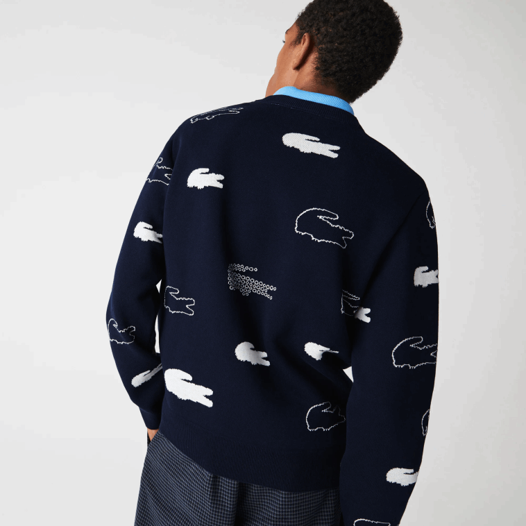 hombres Lacoste negro/blanco hhh jersey de jacquard de algodón orgánico con cuello redondo hecho en Francia N6XZ21629