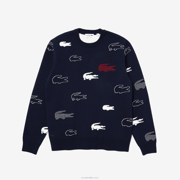 hombres Lacoste negro/blanco hhh jersey de jacquard de algodón orgánico con cuello redondo hecho en Francia N6XZ21629