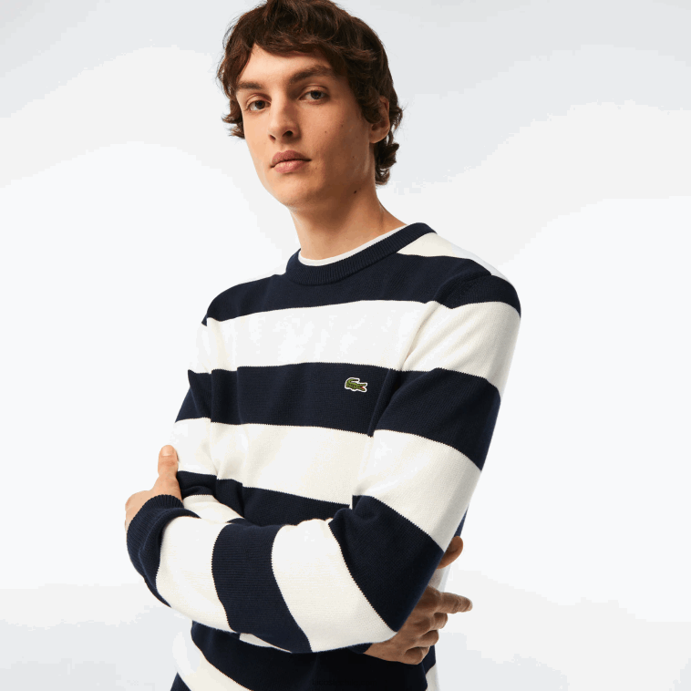 hombres Lacoste negro/blanco hhh jersey de punto de algodón orgánico a rayas N6XZ2439