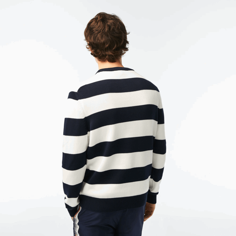 hombres Lacoste negro/blanco hhh jersey de punto de algodón orgánico a rayas N6XZ2439