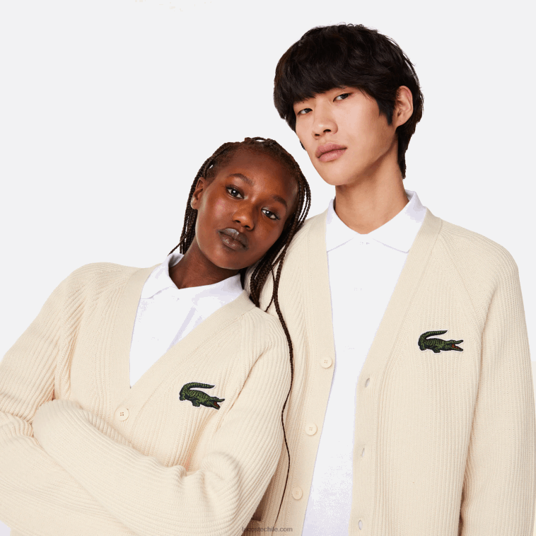 hombres Lacoste xfj blanco cárdigan de algodón orgánico con cuello de pico N6XZ2492