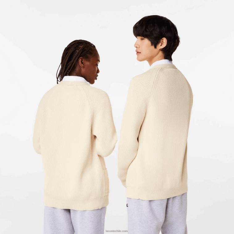 hombres Lacoste xfj blanco cárdigan de algodón orgánico con cuello de pico N6XZ2492