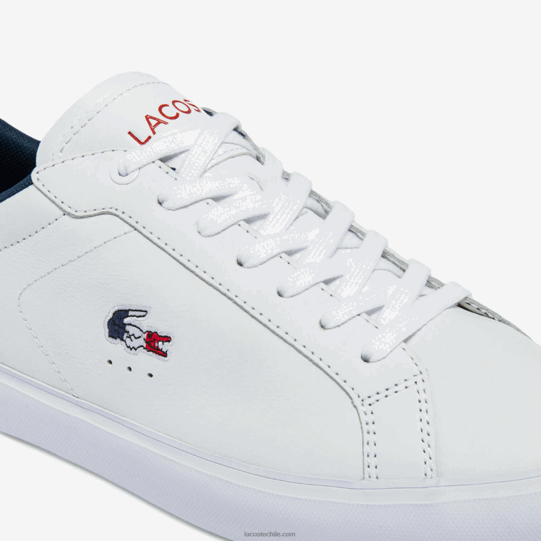 hombres Lacoste blanco/azul marino y rojo 407 zapatillas powercourt tricolor de piel N6XZ21858