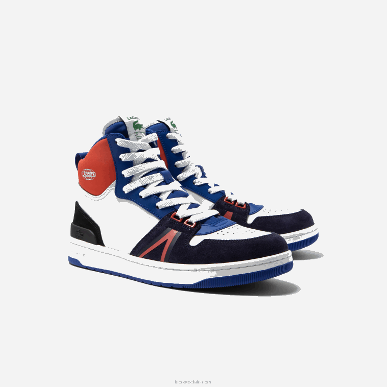 hombres Lacoste blanco y azul marino 042 zapatillas l001 mid de piel con bloques de color N6XZ21751