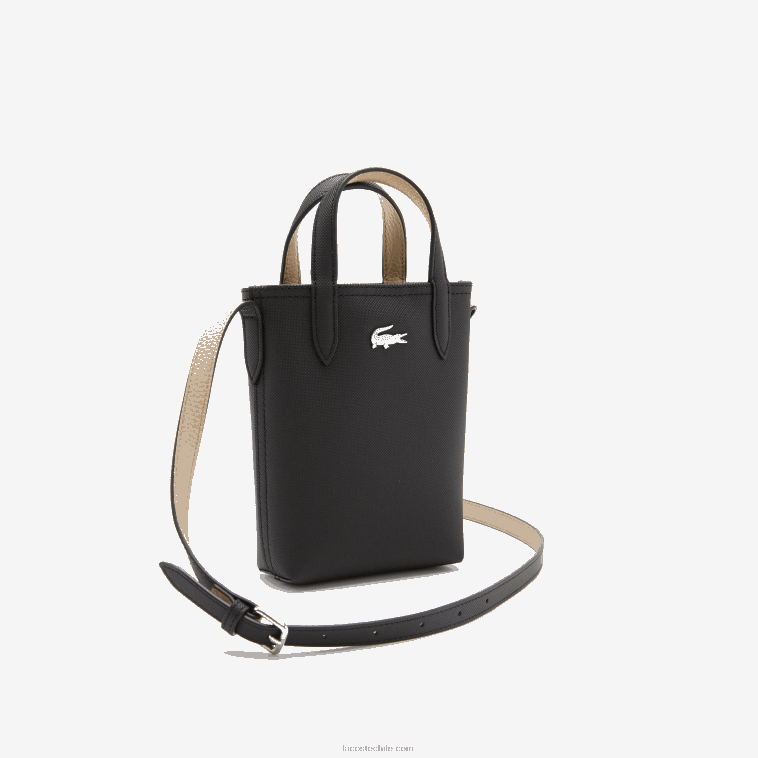 mujer Lacoste negro krema a91 bolso de hombro Anna Signature de petit piqué reversible N6XZ22871