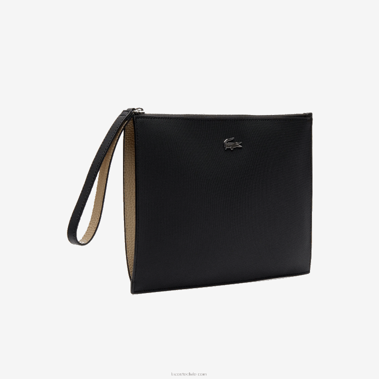 mujer Lacoste negro krema a91 bolso de mano anna de lona revestida de piqué con cremallera N6XZ22817