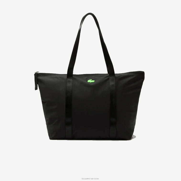 mujer Lacoste noir vert fluo k03 bolso shopper izzie grande de lona con asas a rayas N6XZ22822