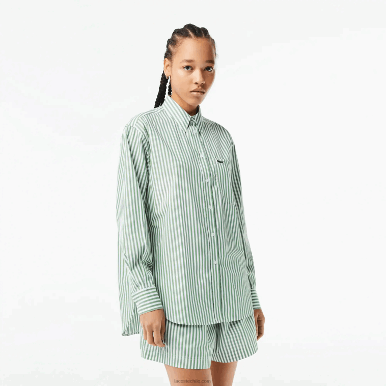 mujer Lacoste blanco caqui verde vi4 camisa de popelina de algodón a rayas N6XZ22448 mujer Lacoste blanco caqui verde vi4 camisa de popelina de algodón a rayas N6XZ22448