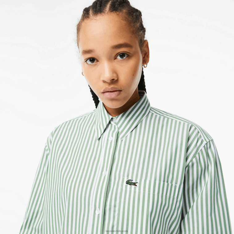 mujer Lacoste blanco caqui verde vi4 camisa de popelina de algodón a rayas N6XZ22448