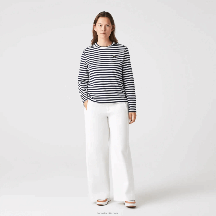 mujer Lacoste negro/blanco hhh camiseta de punto de algodón a rayas N6XZ22559