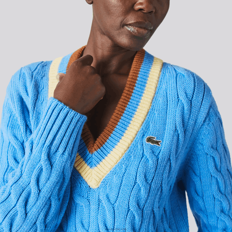 mujer Lacoste azul amarillo marrón 060 jersey de ochos de lana con cuello en V N6XZ22636