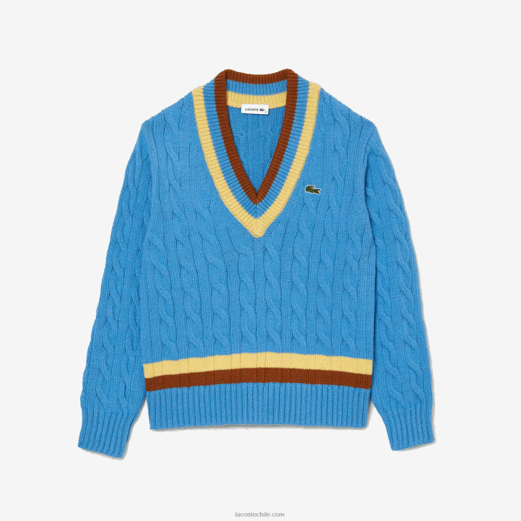 mujer Lacoste azul amarillo marrón 060 jersey de ochos de lana con cuello en V N6XZ22636