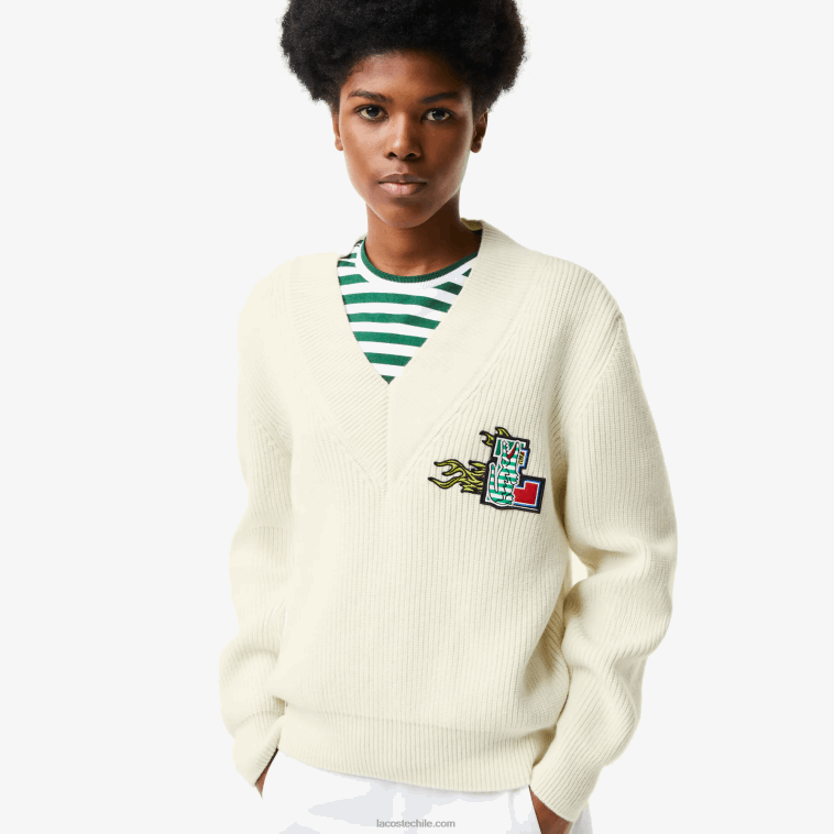 mujer Lacoste blanco 70v jersey de lana con cuello de pico y placa de cómic N6XZ22642 mujer Lacoste blanco 70v jersey de lana con cuello de pico y placa de cómic N6XZ22642
