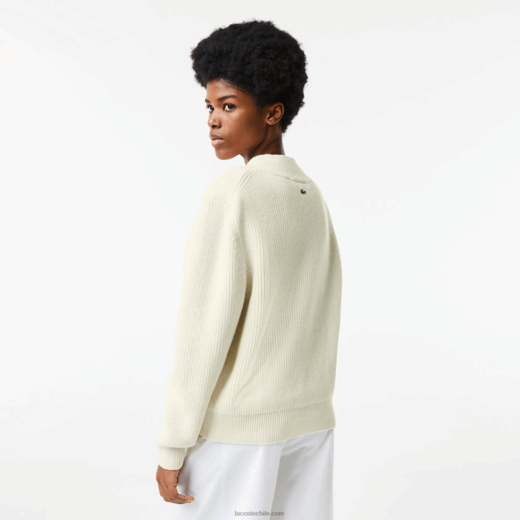 mujer Lacoste blanco 70v jersey de lana con cuello de pico y placa de cómic N6XZ22642