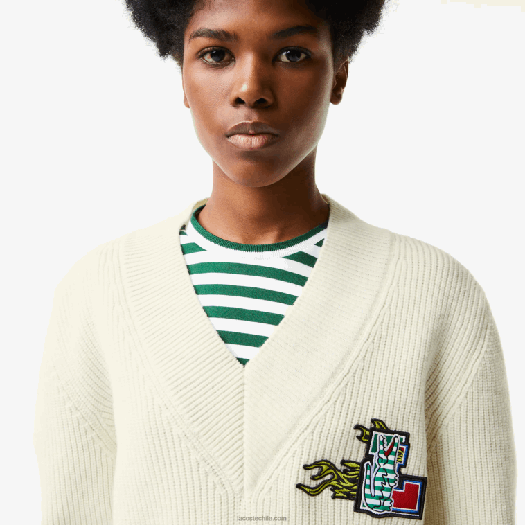 mujer Lacoste blanco 70v jersey de lana con cuello de pico y placa de cómic N6XZ22642