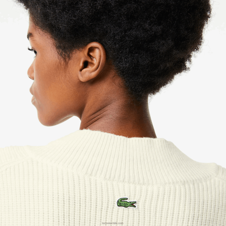 mujer Lacoste blanco 70v jersey de lana con cuello de pico y placa de cómic N6XZ22642