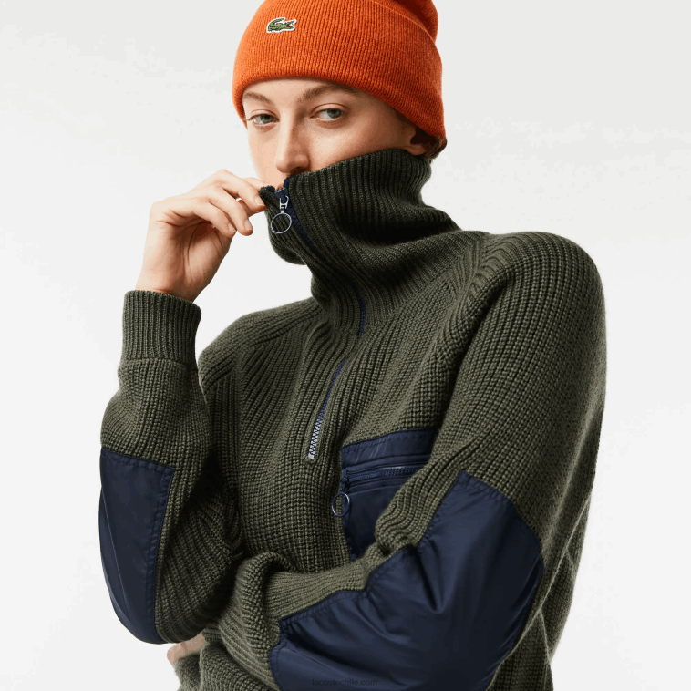 mujer Lacoste caqui verde azul marino u74 suéter colorblock con cuello camionero y cremallera N6XZ22656