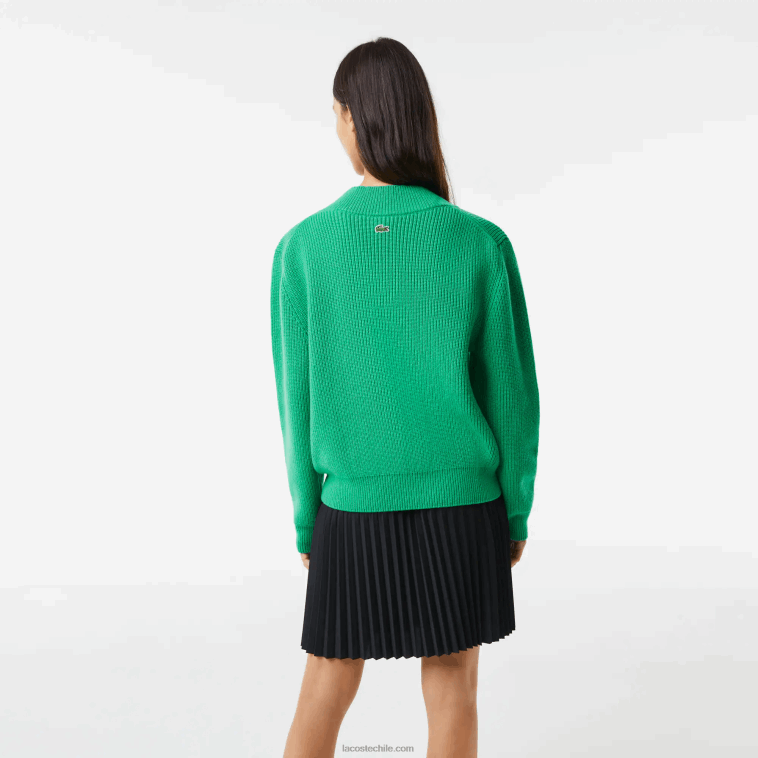 mujer Lacoste ldm verde jersey de lana con cuello de pico y placa de cómic N6XZ22643