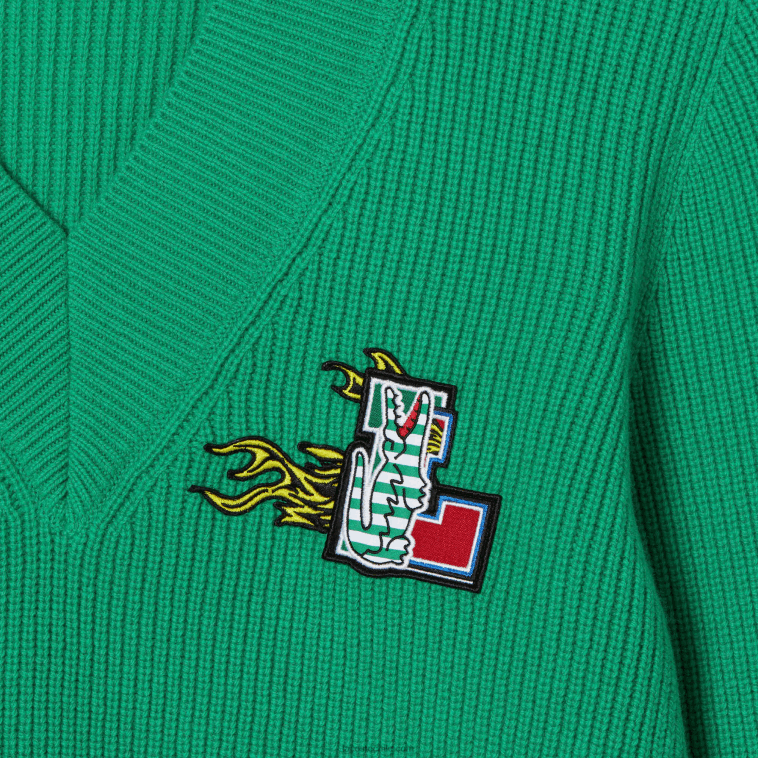 mujer Lacoste ldm verde jersey de lana con cuello de pico y placa de cómic N6XZ22643
