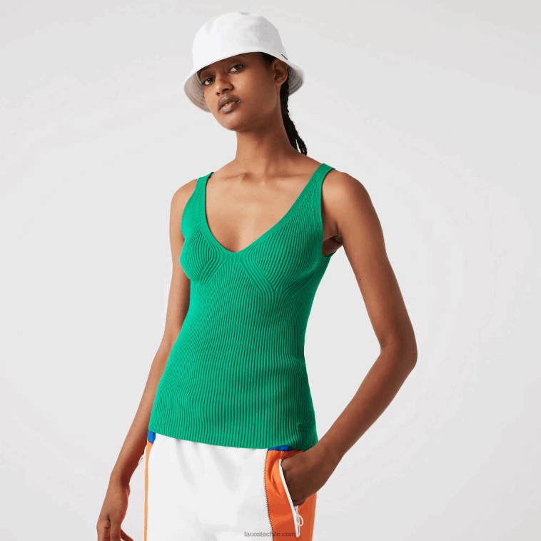 mujer Lacoste ldm verde camiseta sin mangas de canalé sin costuras N6XZ22647