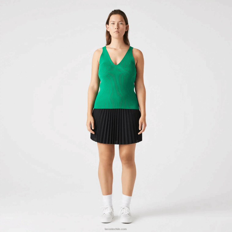 mujer Lacoste ldm verde camiseta sin mangas de canalé sin costuras N6XZ22647
