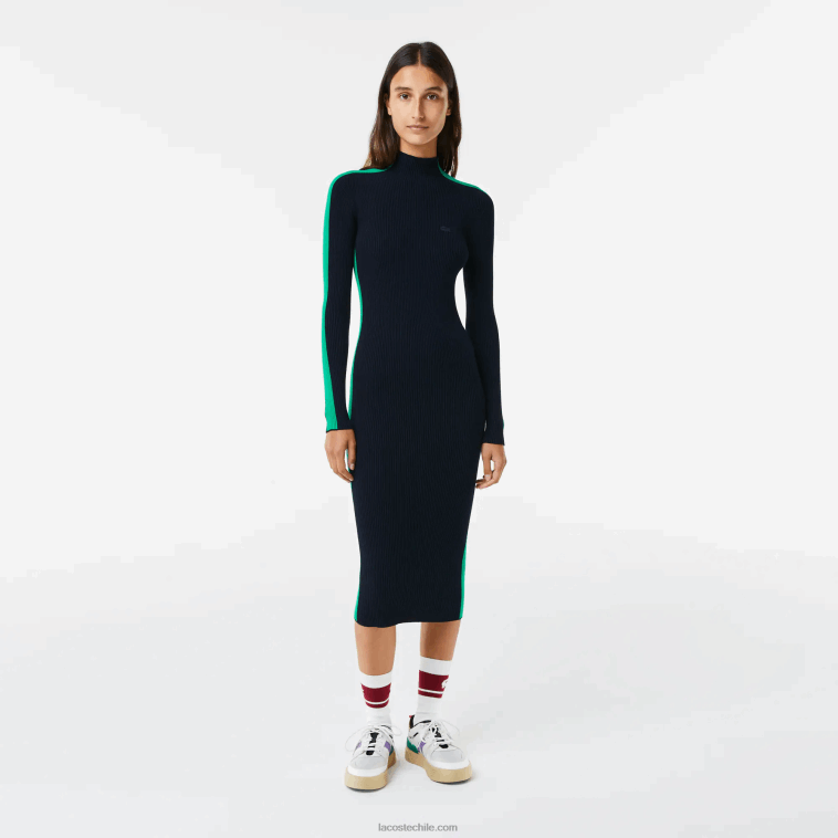 mujer Lacoste azul marino verde 9eq vestido tejido sin costuras con banda en contraste N6XZ22485