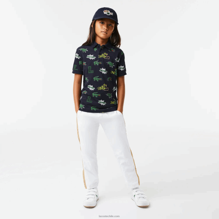 niños Lacoste azul marino 166 polo con estampado de cocodrilo y efecto cómic N6XZ22955