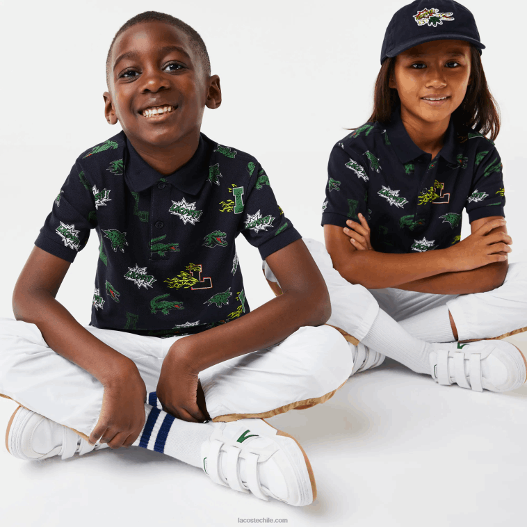 niños Lacoste azul marino 166 polo con estampado de cocodrilo y efecto cómic N6XZ22955