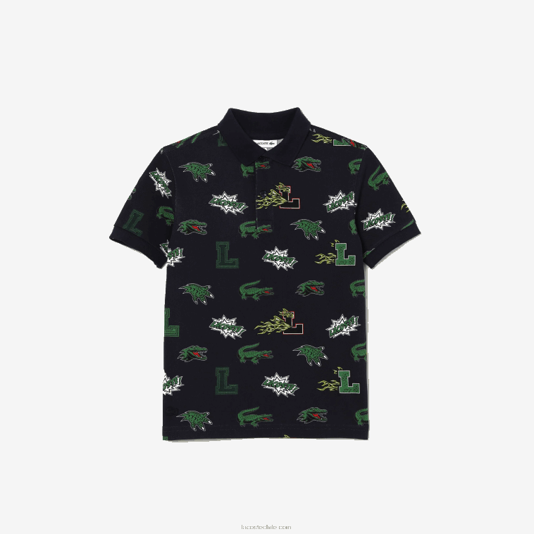 niños Lacoste azul marino 166 polo con estampado de cocodrilo y efecto cómic N6XZ22955