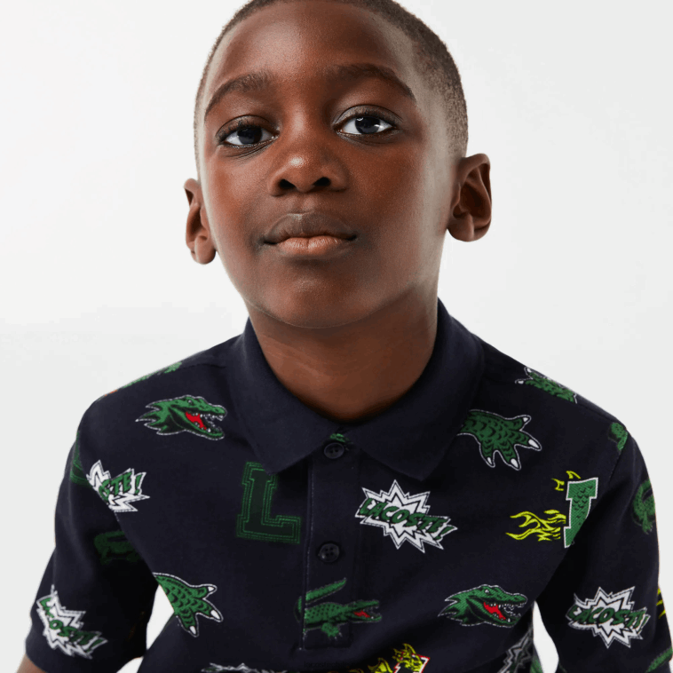 niños Lacoste azul marino 166 polo con estampado de cocodrilo y efecto cómic N6XZ22955