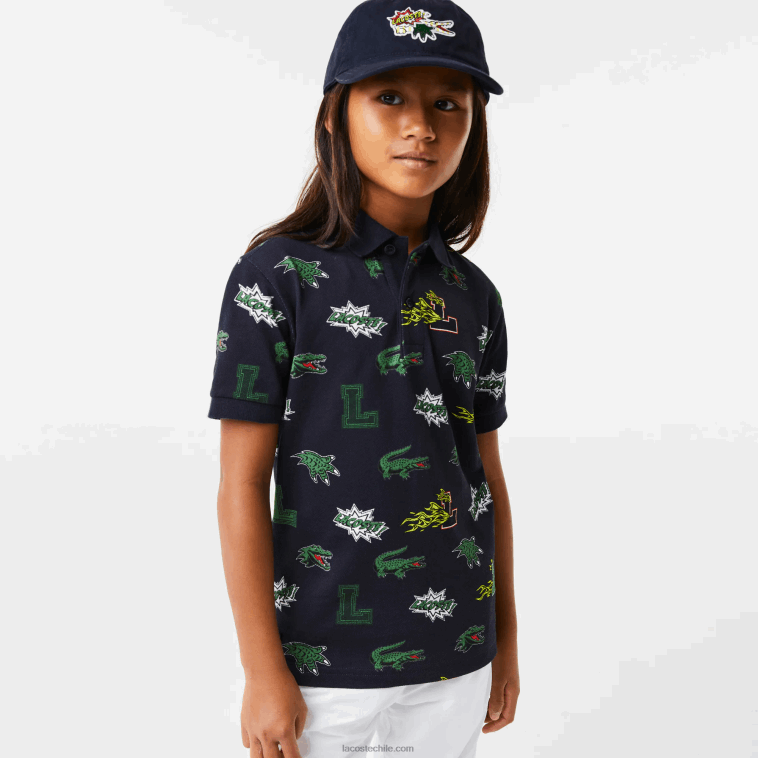 niños Lacoste azul marino 166 polo con estampado de cocodrilo y efecto cómic N6XZ22955