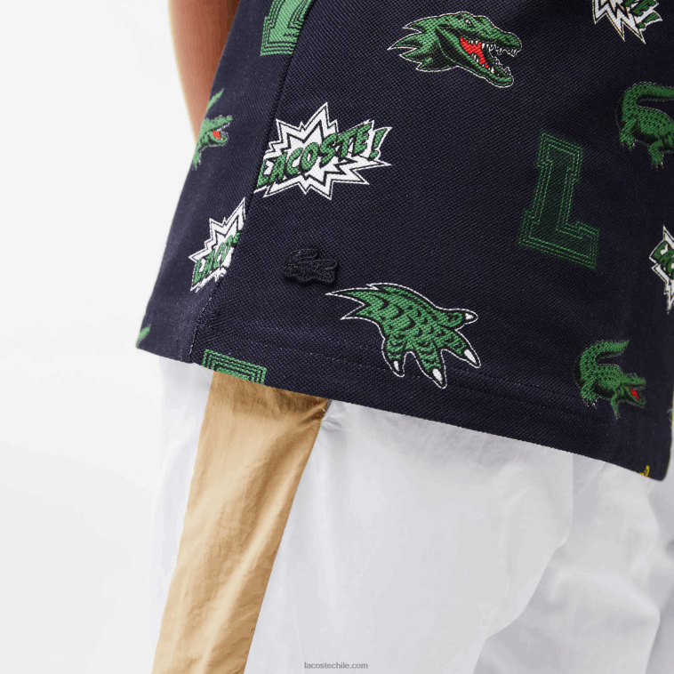 niños Lacoste azul marino 166 polo con estampado de cocodrilo y efecto cómic N6XZ22955