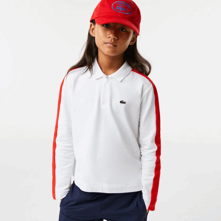 chicas Lacoste blanco rojo 7hu polo con cremallera y banda en contraste N6XZ23144 chicas Lacoste blanco rojo 7hu polo con cremallera y banda en contraste N6XZ23144