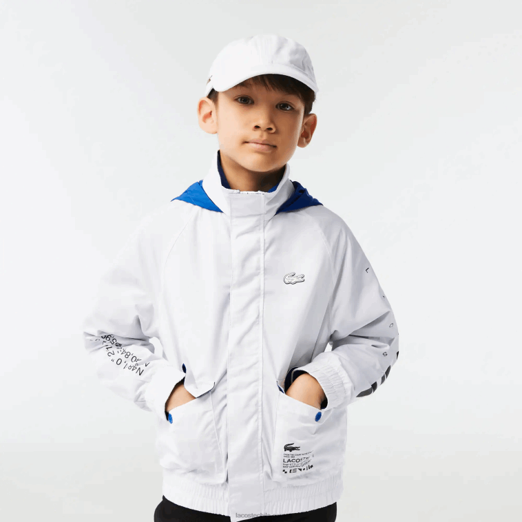 niños Lacoste blanco azul negro 9cw chamarra repelente al agua con capucha removible N6XZ23240