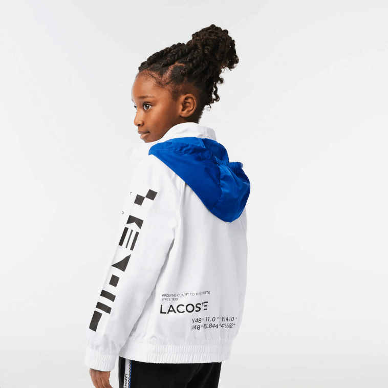 niños Lacoste blanco azul negro 9cw chamarra repelente al agua con capucha removible N6XZ23240
