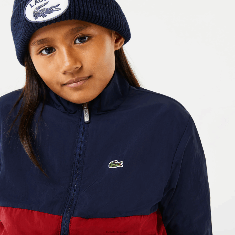 niños Lacoste lubricante burdeos azul marino chamarra con cuello alto y diseño colour block N6XZ23219