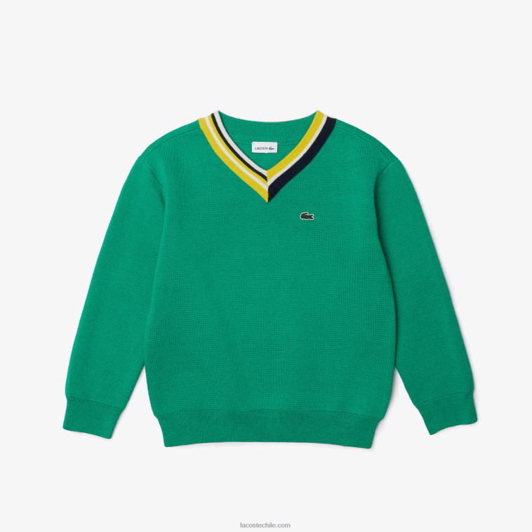 niños Lacoste verde blanco ec1 suéter con rayas en contraste en el cuello N6XZ23283